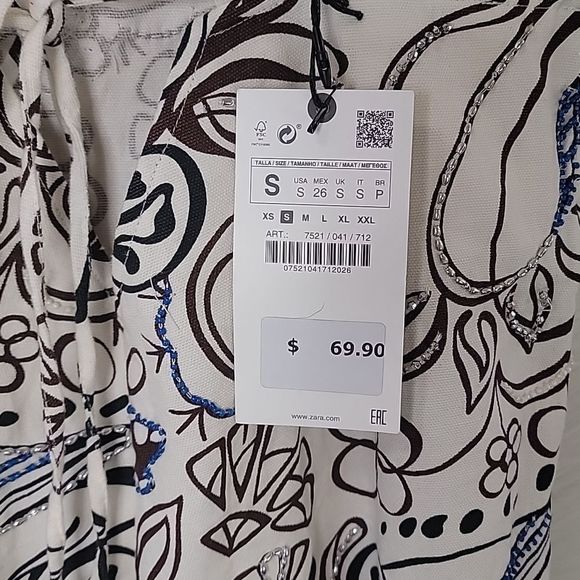 NWT ZARA FLORAL PAISLEY BEADED DRESS BROWN WHITE BLUE small - Picture 6 of 10